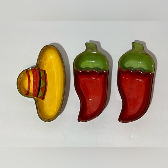 Pacific Island Creations Ceramic 2-Chili Pepper 1-Sombrero Hat Serving Dishes - Picture 2 of 16